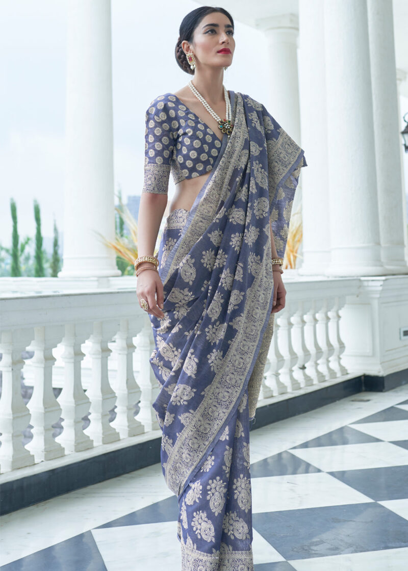 Greyish Blue Lucknowi Chikankari Cotton Princess Saree