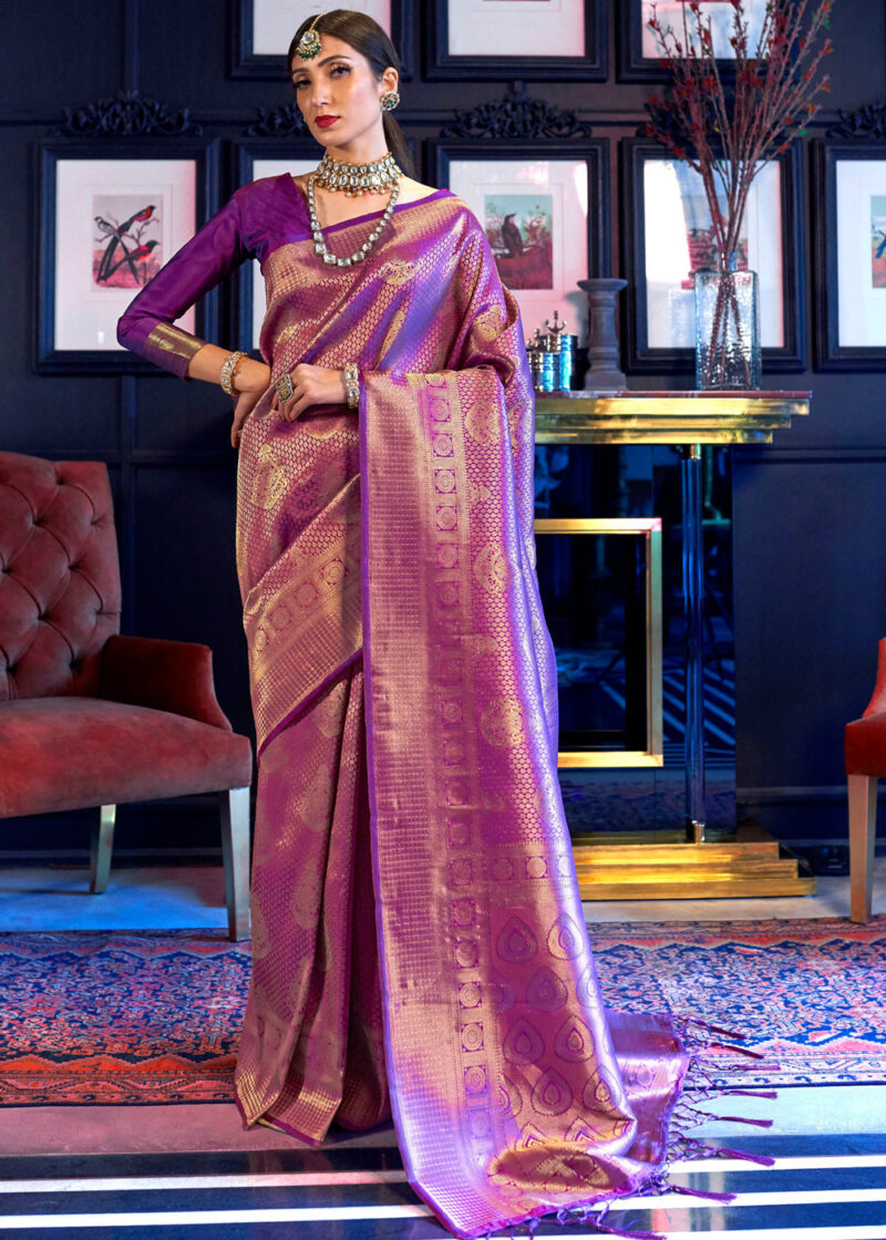 Royal Princess Golden Wine Woven Kanjivaram Saree - Image 2