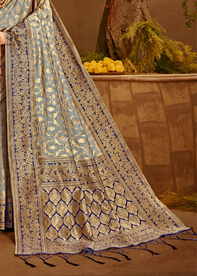 Ash Grey Woven Banarasi Silk Saree - Image 3