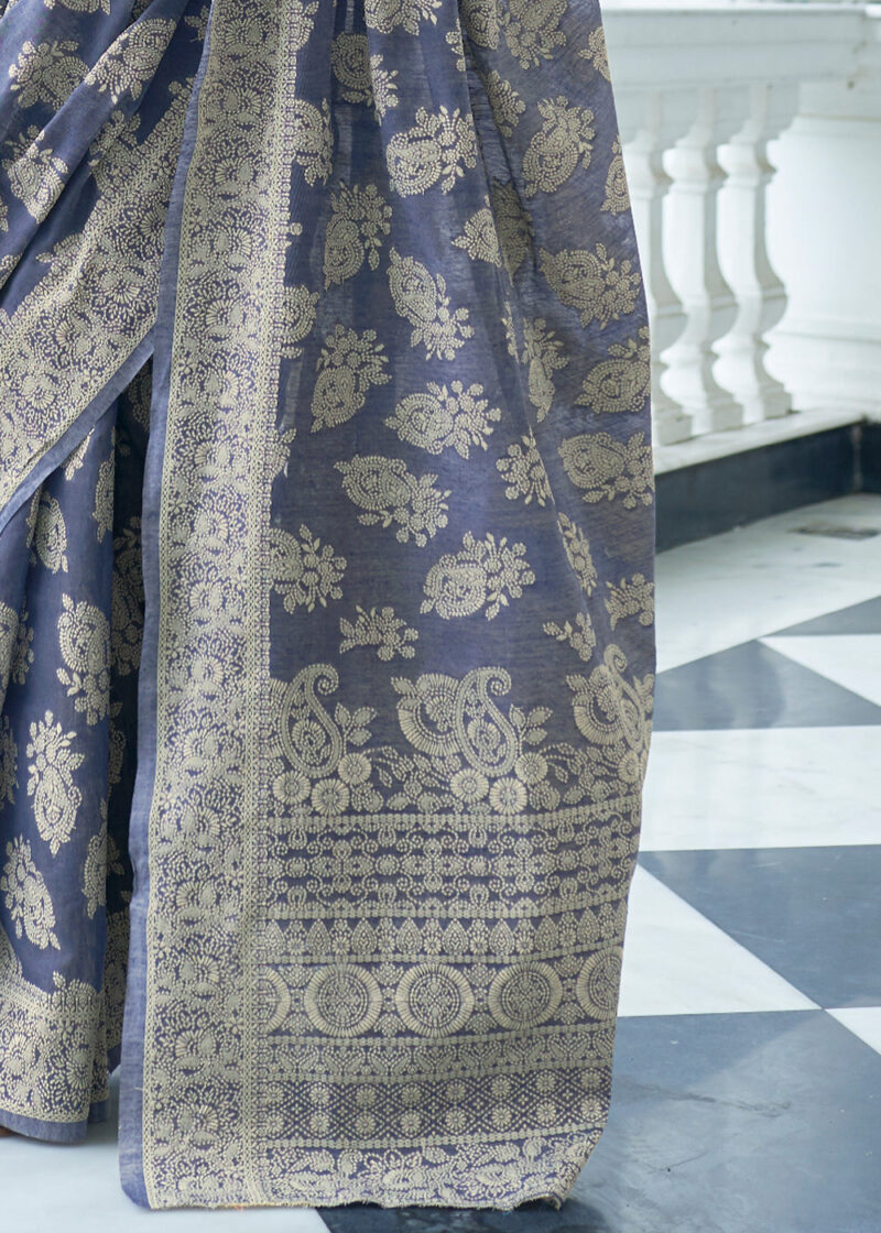 Greyish Blue Lucknowi Chikankari Cotton Princess Saree - Image 3