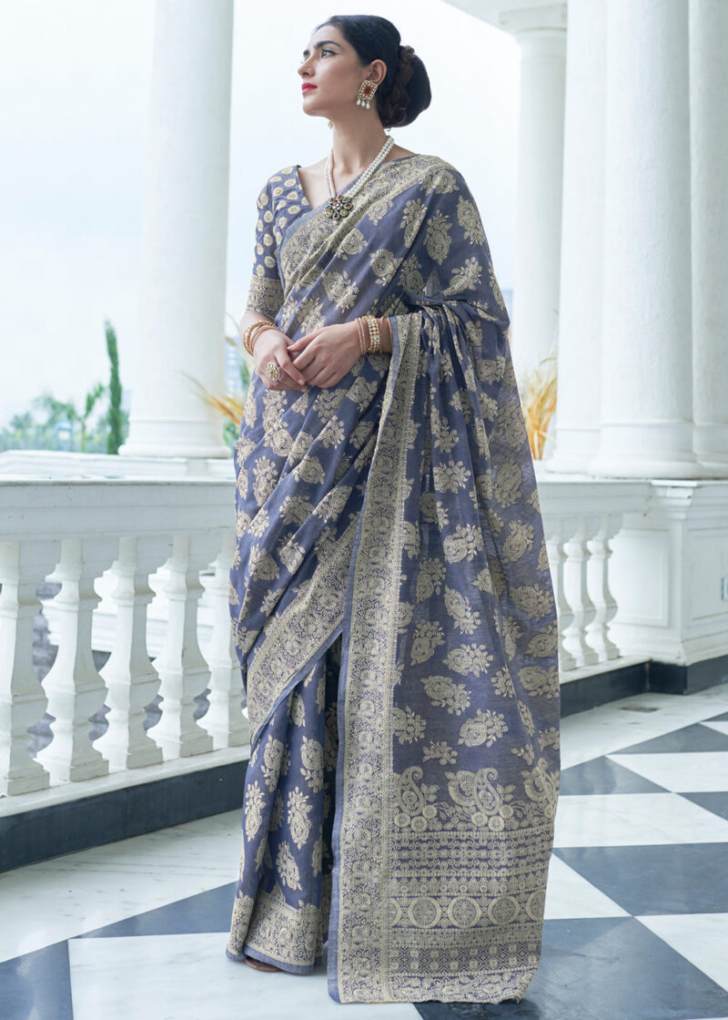 Greyish Blue Lucknowi Chikankari Cotton Princess Saree - Image 2