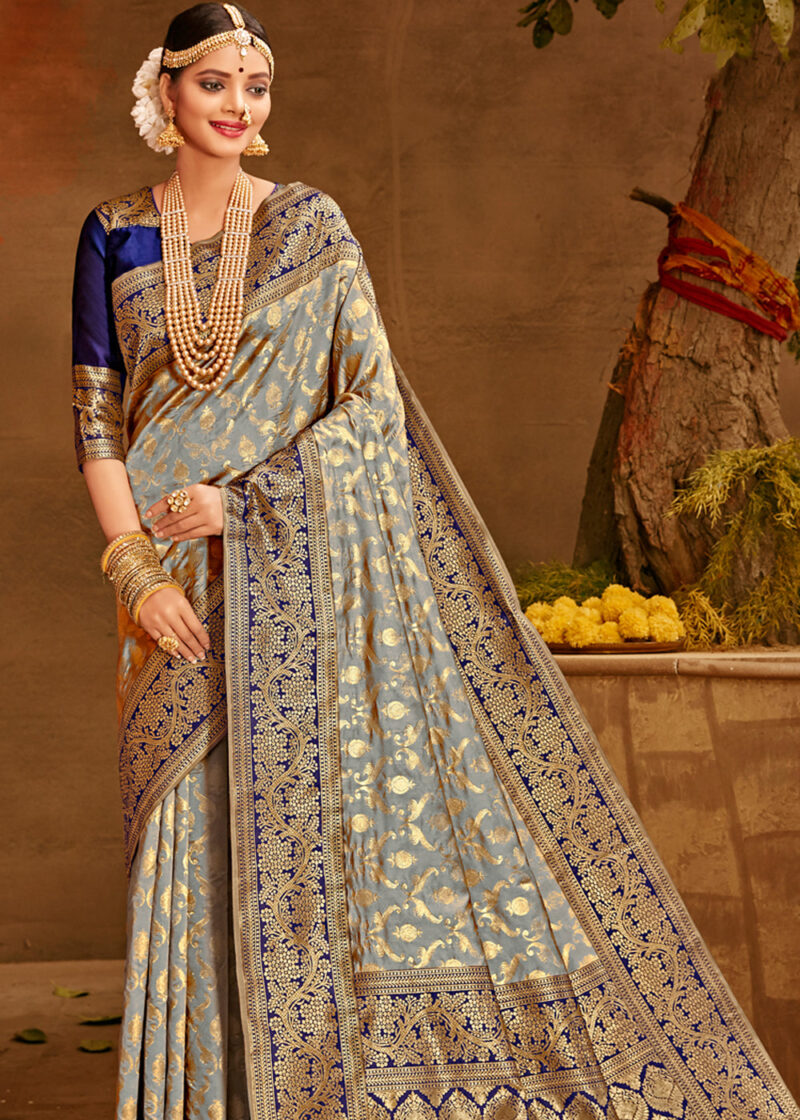 Ash Grey Woven Banarasi Silk Saree - Image 2