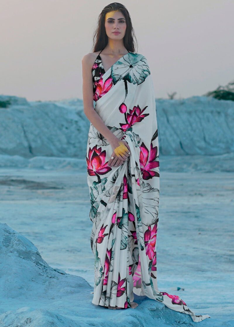 Lotus On White Print Saga Saree - Image 2