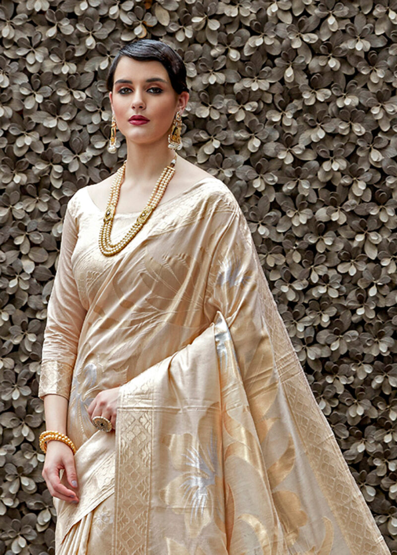 Ivory And Gold Zari Work Banarasi Saree - Image 3